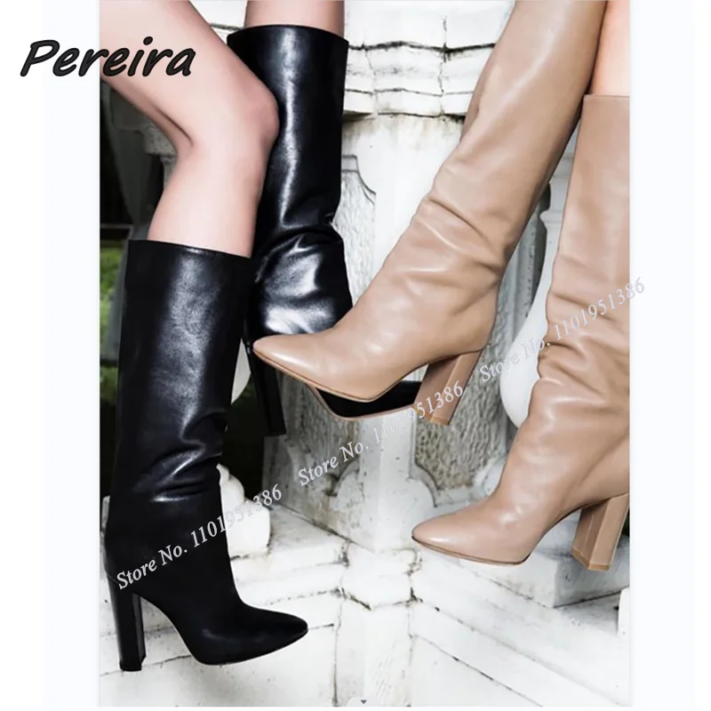 

Pereira Nude Slip on Solid Knee High Boots Black Chunky Heel Knee High Pointed Toe Shoes for Women High Heels Zapatillas Mujer