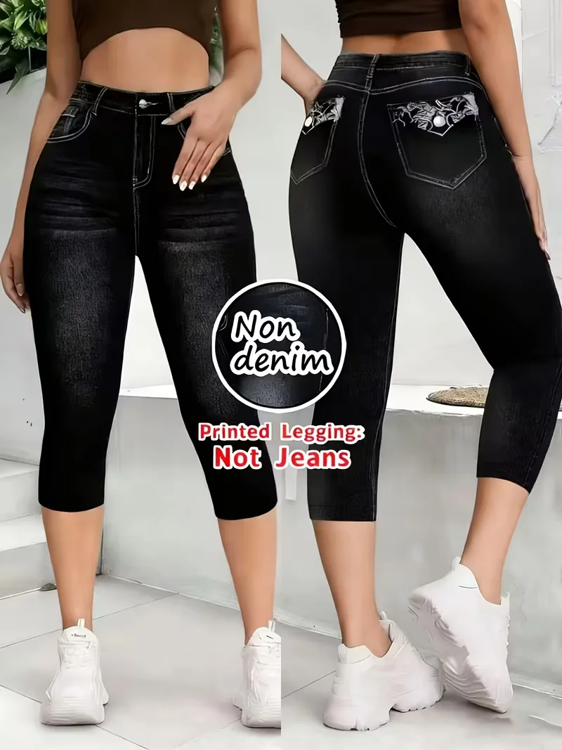 Printed 7‑Capri Leggings, Non‑Denim Fabric, Full‑Print Faux‑Jeans Look, Fake Pocket & Button Print, High‑Stretch Slim‑Fit Pants,