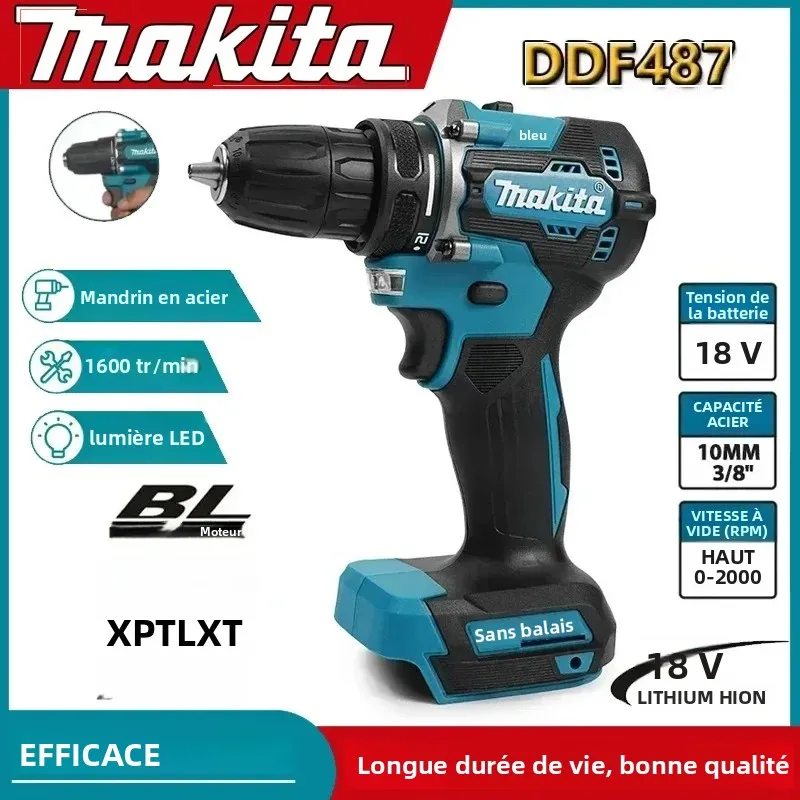 Makita 100% Original DDF487 Perceuse-visseuse sans fil 18V, visseuse à percussion électrique sans balais, outil électrique rechargeable