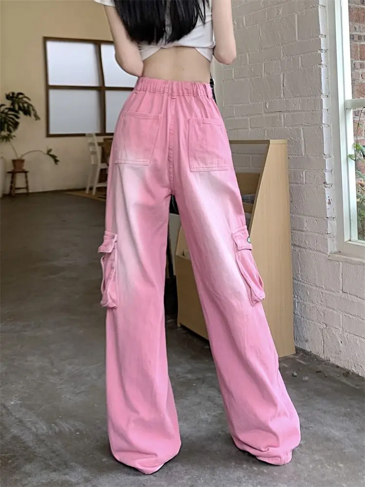 American Pink Cargo Jeans Cartoon Embroidered Baggy  For Women 2024 Spring New Waist Slimming Wide Leg Pants Trousers Female