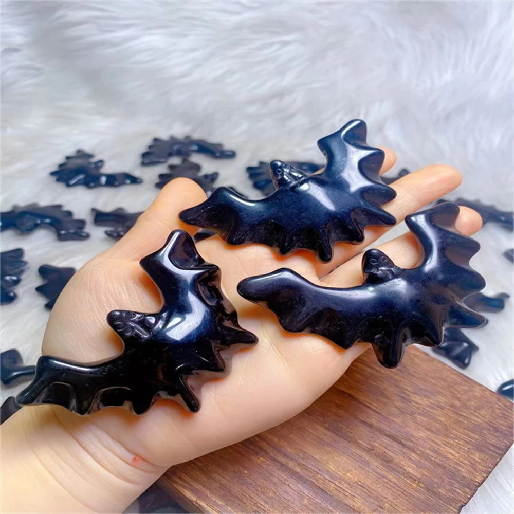 

Natural Carved Crystals Bats Folk Crafts Healing Stones Black Obsidian For Home Decorations Room Decor Halloween