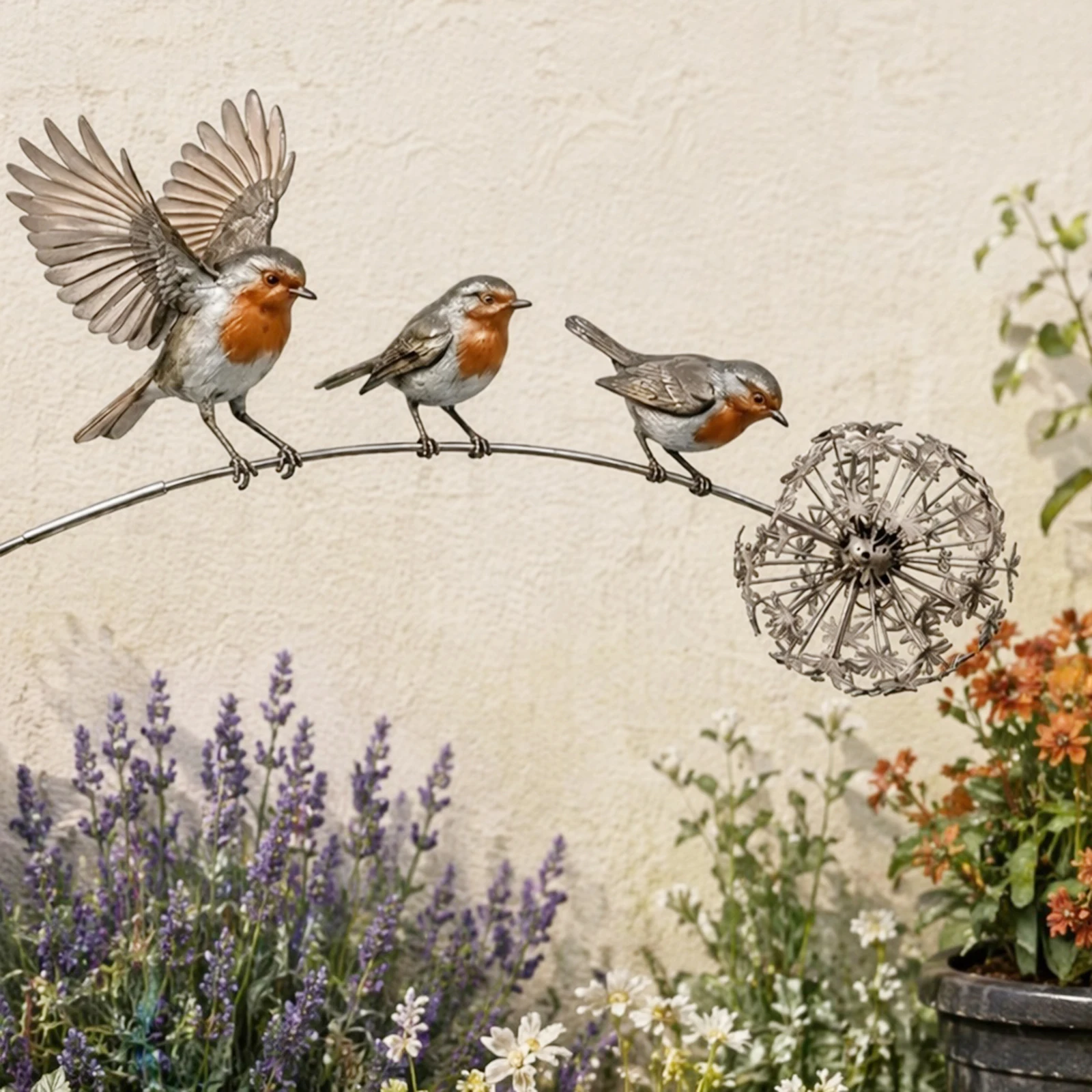 Rustic Robin Dandelion Decorations Wear Resist Memorial Outdoor Stakes Kinetic Birds Art Ornament for Lawn Patio Walkway