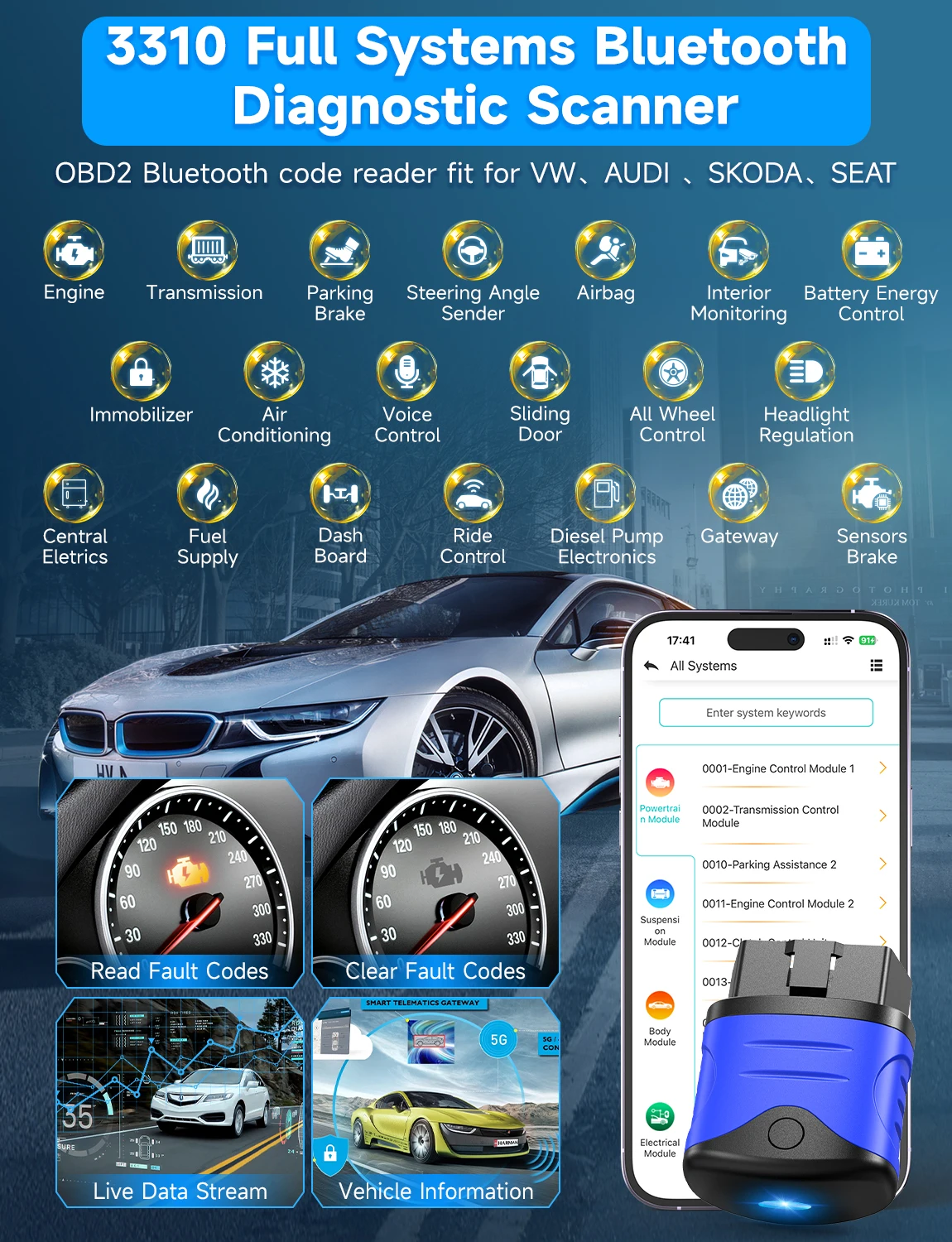 AUTOPHIX 3310 Bluetooth OBD2 Diagnostic Scanner All Systems Code Reader Oil Reset ABS SRS Full System Scan Tools For VW Skoda