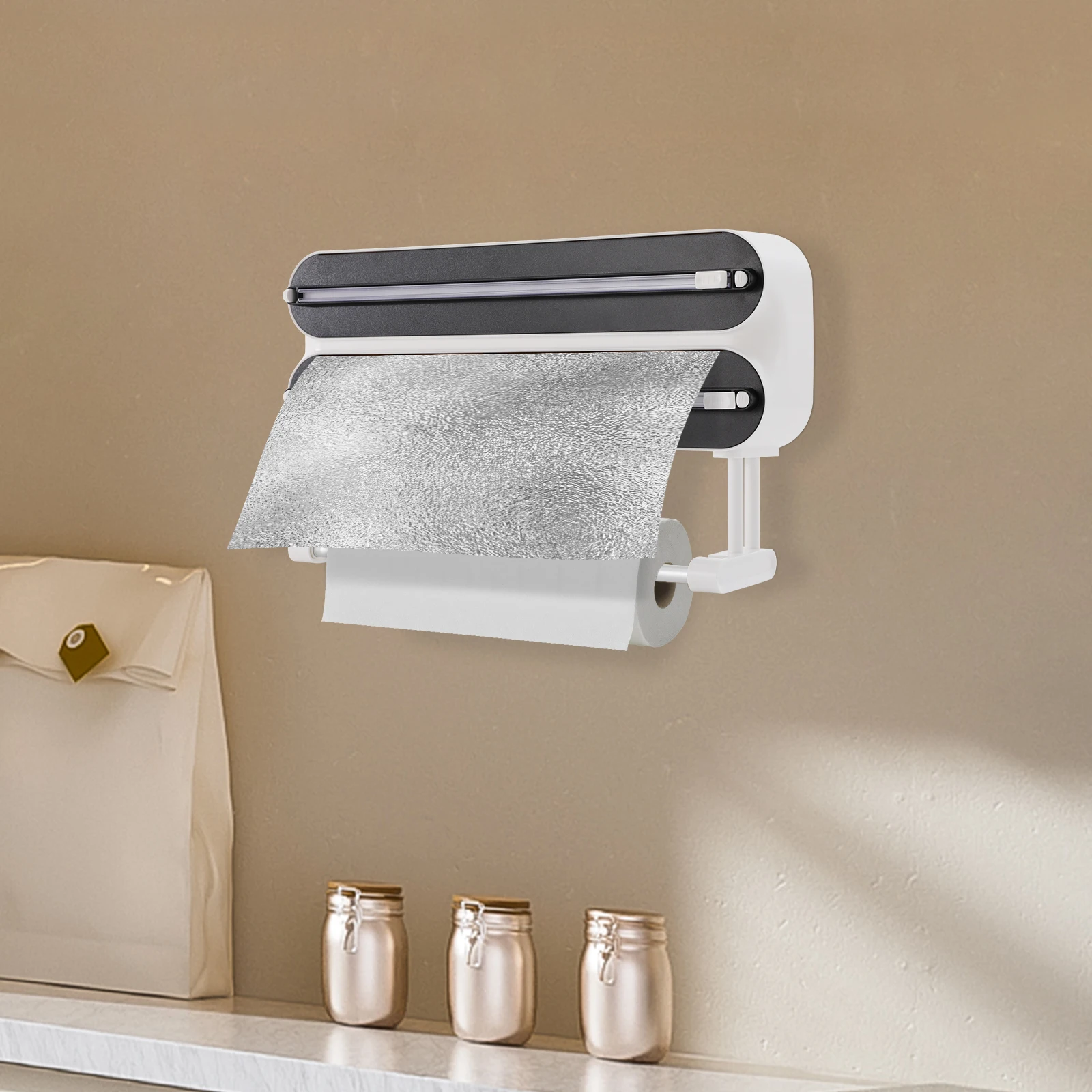 Wandmontierter Frischhaltefolien-Spender mit 2 Haken, 3-in-1 Wandrollenhalter für die Küche, Aluminiumfolien-Spender (ohne Frischhaltefolie) – Detail 9