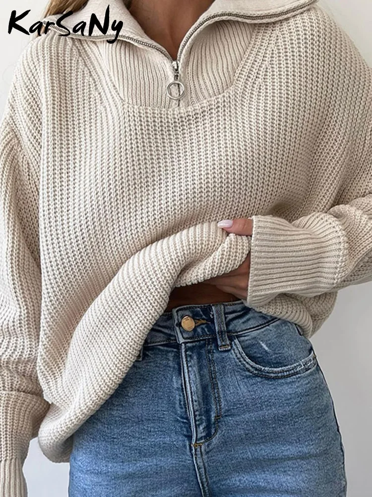 Loose Spring Knitted Pullover Women Oversize Zip Sweaters Beige Solid Casual Knit Top Women\'s Sweaters Zipper Up Jumper 2023