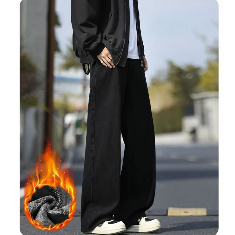 2026 Winter Men Snow Warm Plush Fleece Jeans Male Loose Straight Leg Denim Trousers Chic Streetwear Thickened Warm Pants Women