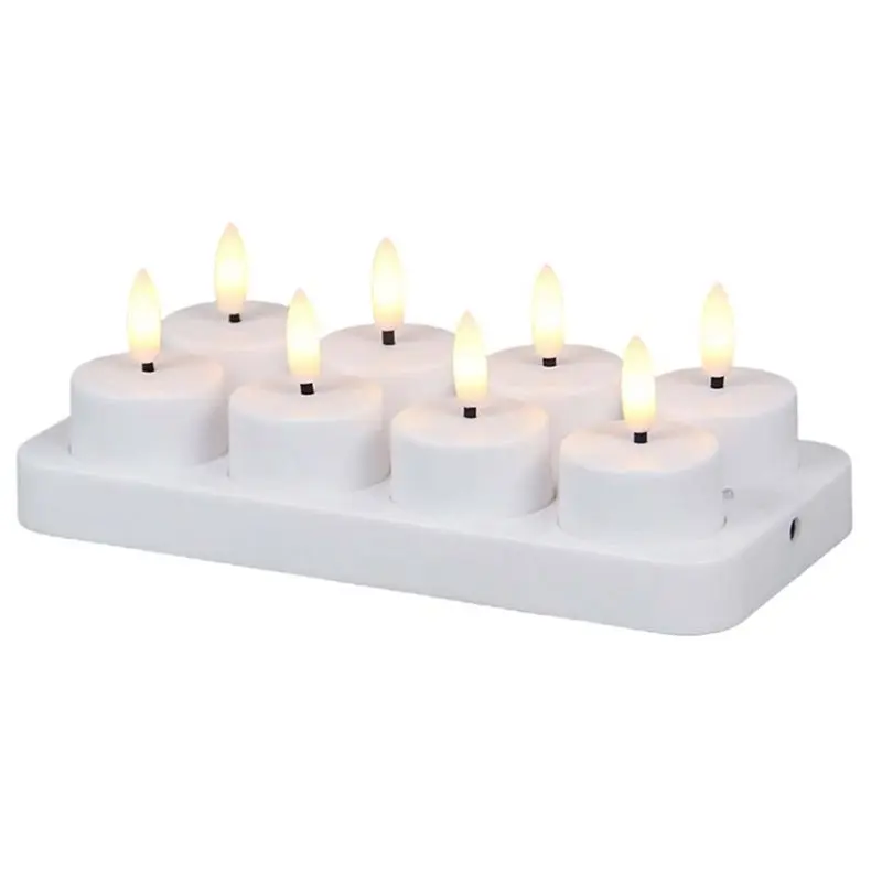 

2025 трендовых упаковок из 8 перезаряжаемых чайных свечей, беспламенных, с зарядной базой и таймером, светодиодный окружающий свет