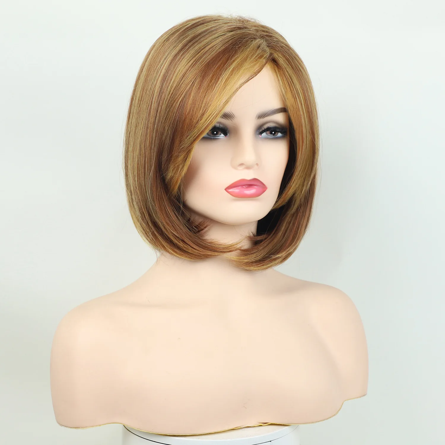 

Short Bob Wig with Golden Highlights Elegant Layered Straight Hair for Women, Natural Gradient Brown and Blonde Style