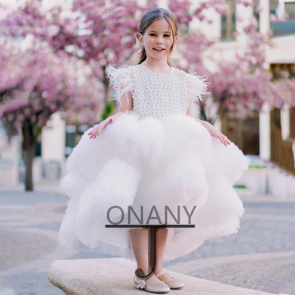 

JONANY Cute High Low Pearls Flower Girl Dress Feathers Layered Dress Bow Birthday Pageant Communion Robe De Demoiselle for Kid