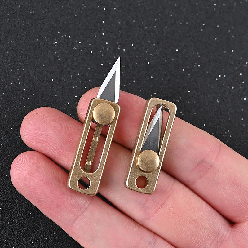 Brass Mini Knife Small Push Knife Sharp Self-defense Key Chain Pendant Tools Portable Unpacking Outdoor Survive EDC Keychain