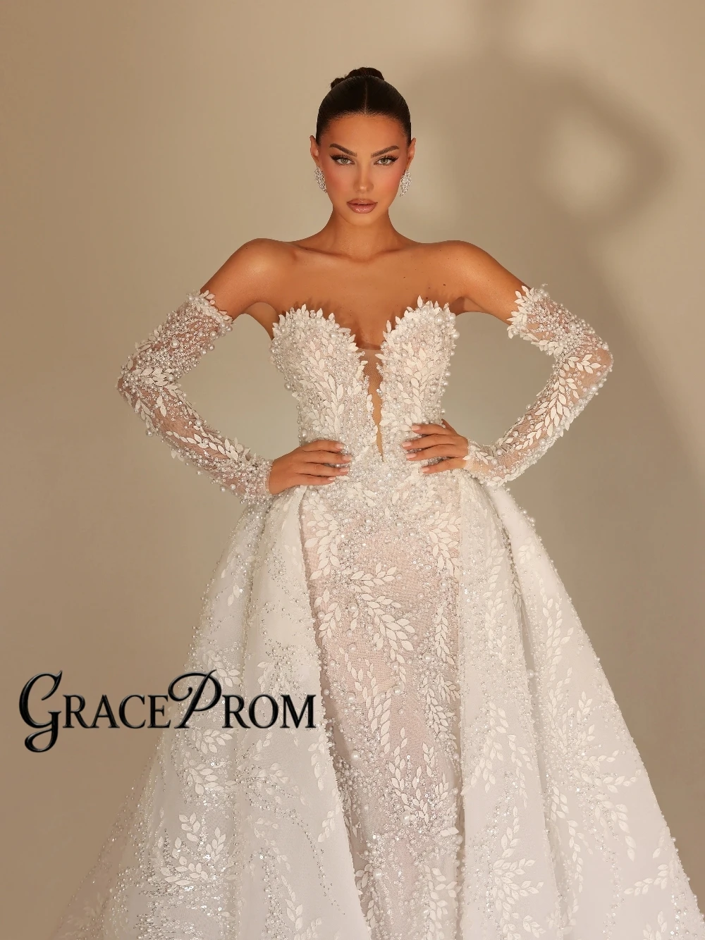 

2026 Luxury Pearls Wedding Dress With Detachable Train Classy Romantic Off Shoulder Mermaid Long Customized Bridal Gown