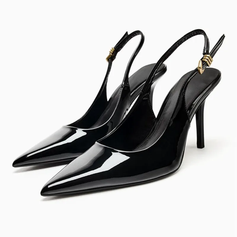 Escarpins à talons hauts en cuir verni pour femmes, lanières à boucle en métal, escarpins Sexy à bout pointu, sandales élégantes à talons noirs pour dames