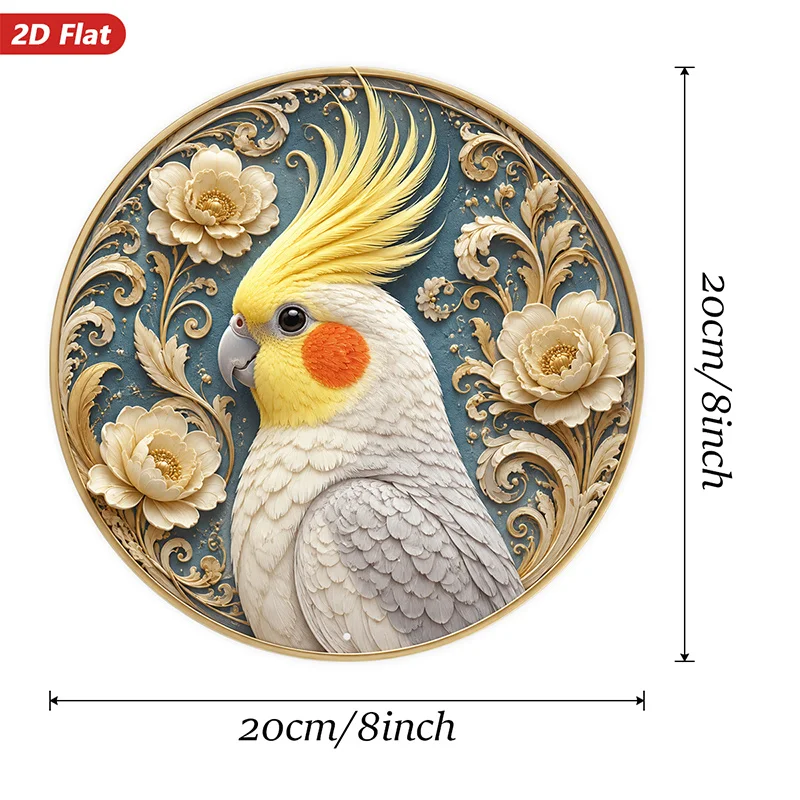 2D Flat, 1pc Ornate Cockatiel Bird Round Metal Sign Wall Art, Ornate Floral Relief, Home Decor, Blue And Golden Tones,