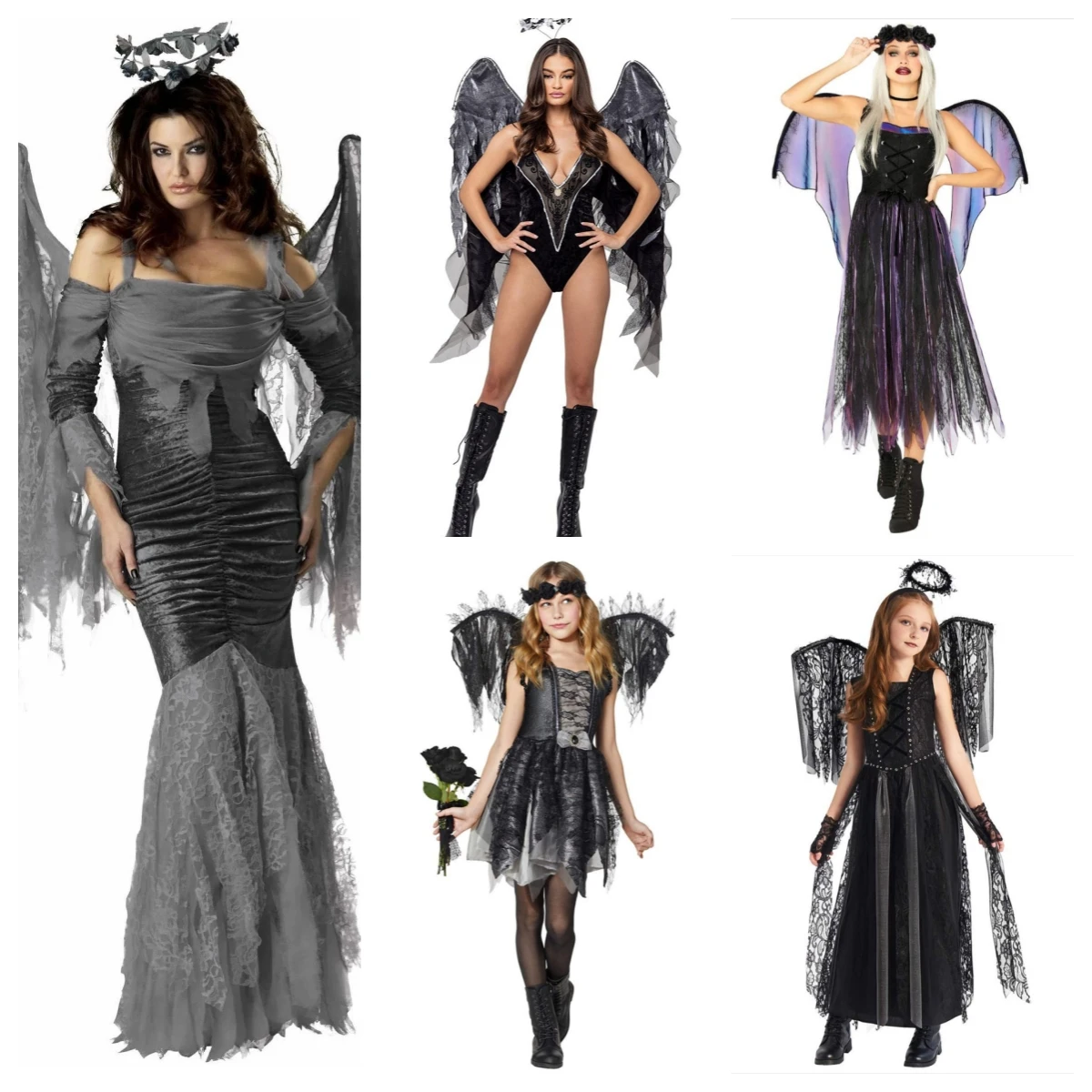 低価格の悪魔の妖精、大人と子供用の天使の羽のコスチューム、プラスサイズのゴーストブライド、ブラ天使をテーマにしたパーティーウェア