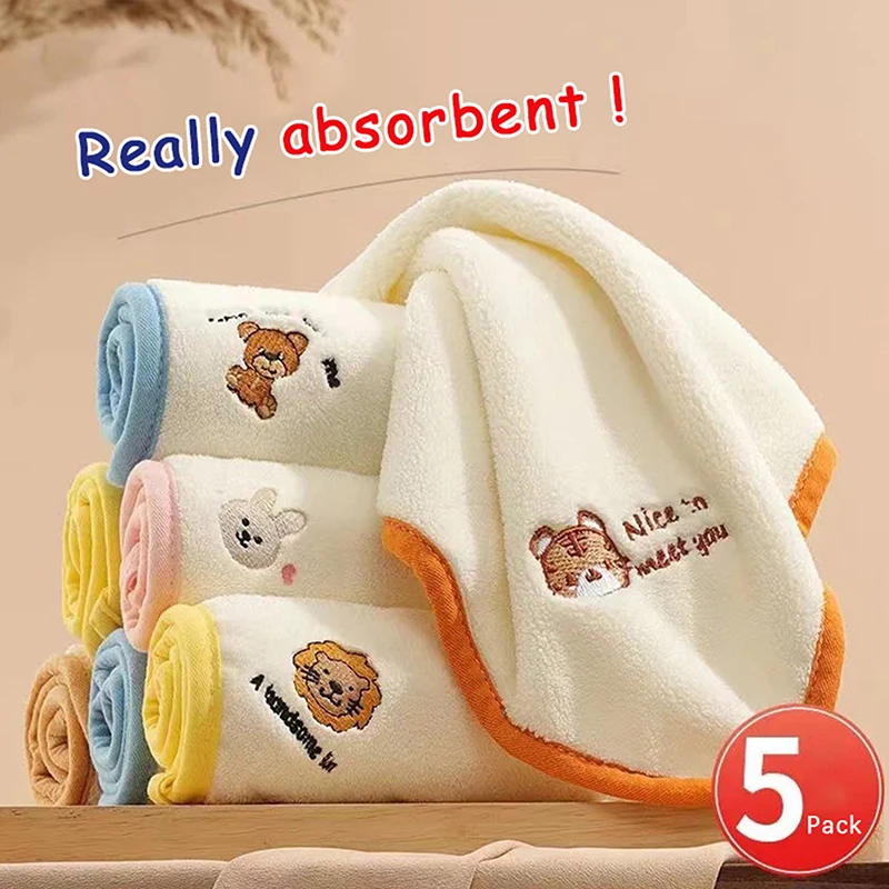 Nuevo patrón de moda, pequeños animales bordados, toallas para niños, toallas cuadradas absorbentes de lana Coral suaves y respetuosas con la piel para bebés