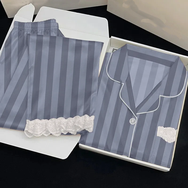 

Женский пижамный комплект с французским полосатым кружевом, новинка лета 2025 года, модный комплект из 2 предметов, женские пижамы, повседневная простая короткая одежда для сна