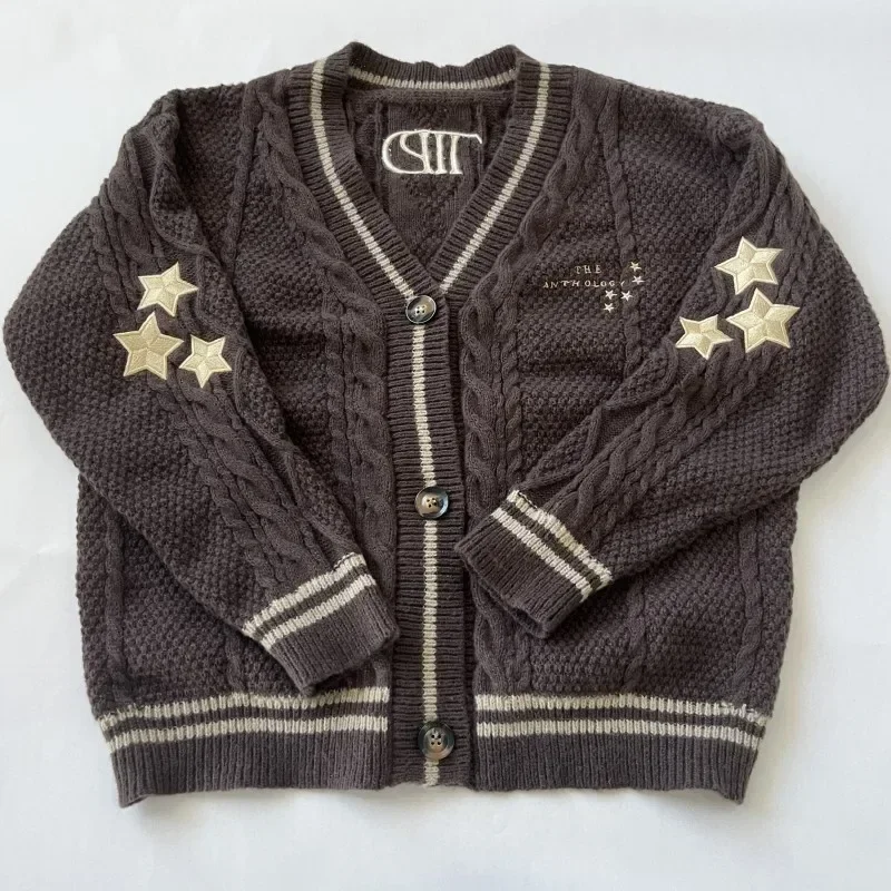 Letter Embroidery Cardigan Women V-neck Dark Brown Knitted Cardigan with Stars Female  Autumn Winter Long Sleeve Sweaters Tops