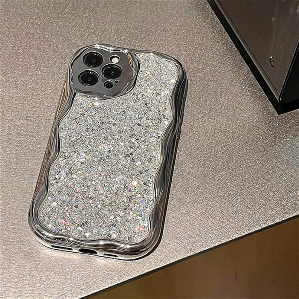 Luxury Bling Silver Plating Wavy Phone Case For iPhone 15 14 13 12 11 Pro Max X XR XS Glitter 3D Epoxy Shockproof Bumper Cover