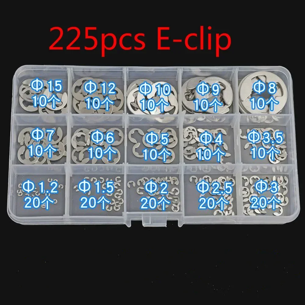 225x E clip Snap Ring Assortment Set Shaft Fastener Washe Outer Open Retaining Circlip Kit A2 304 Stainless Steel GB846 1.2-15mm