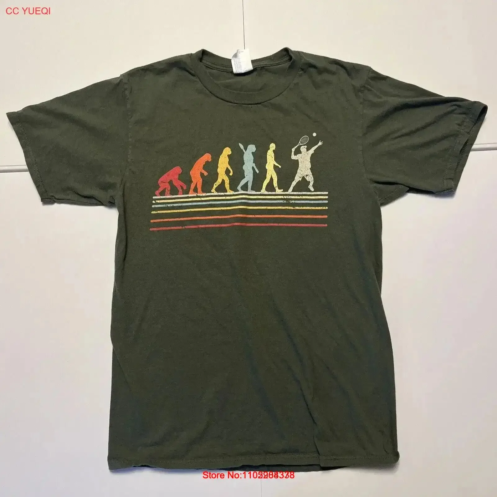 Men's Small Tennis Evolution Forrest Green Print T Shirt Vintage Style Washed Slightly streetwear graphic Stretched vintage