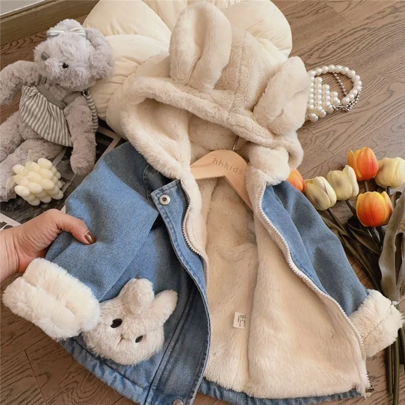 Autumn Winter Thicken Warm Baby Girls Denim Jacket Cute Plush Rabbit Ears Hooded Coats For Girl Children Outerwear