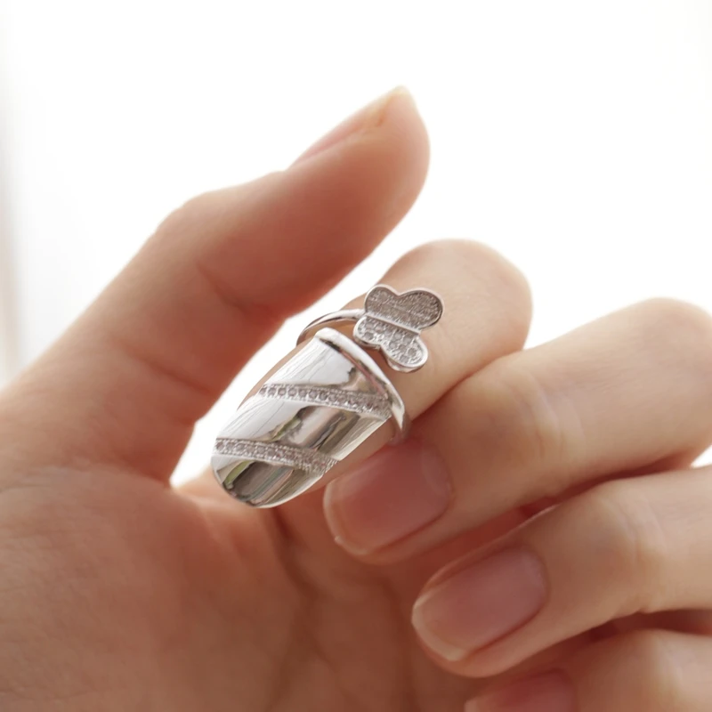 Authentic S925 Sterling Silver Nail Ring Sparkling CZ Butterfly Open Armour Ring Daily Wear Gift for Her