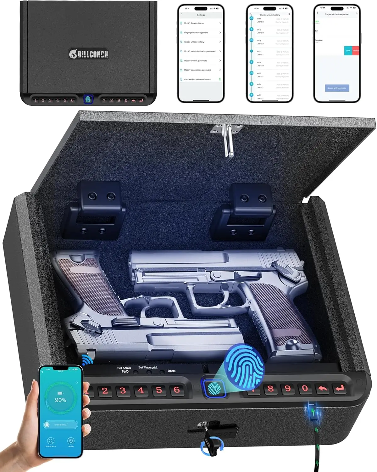 

Gun Safe for Pistols - Biometric Gun Safe 4 Ways Quick Access with Fingerprint/Full-digital Keypad/Key/APP Lock Handgun Safe