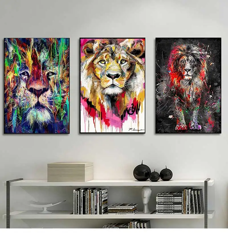 Artwork Canvas Painting Home Decoration Abstract Colorful Lion Painting Modern Animal Wall Art Picture Cuadros for