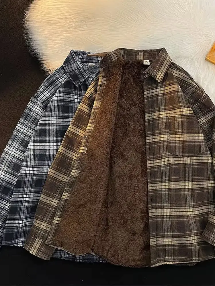 American Retro Plaid Long Sleeve Shirt Men's Spring Autumn British Casual Winter Fleece Lined Thick Japanese Style Shirt Coat...
