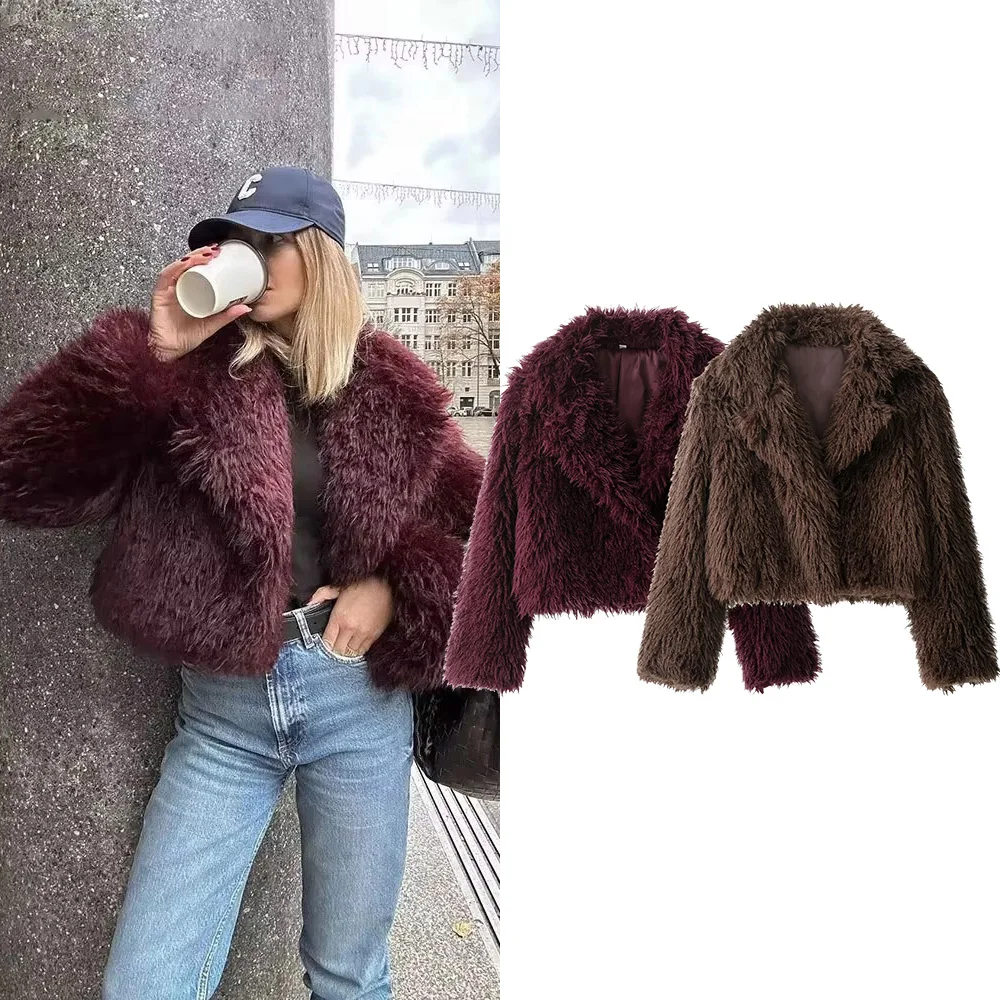 EDSA Vrouwen Nepbont Jas Lange Mouwen Voorzakken Revers Kraag Rechte Zoom Herfst Winter Vrouwelijke Jas Bovenkleding