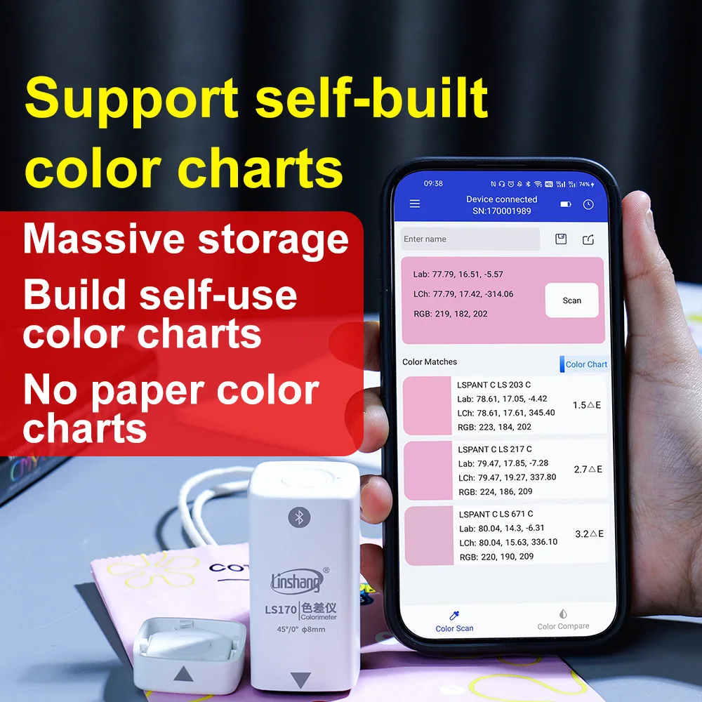 Pocket Colorimeter Digital PantoneC/U/TPG Color Reader Bluetooth CMYK CIE LAB RGB Color Meter Best Price for Ink 45/0 LS170