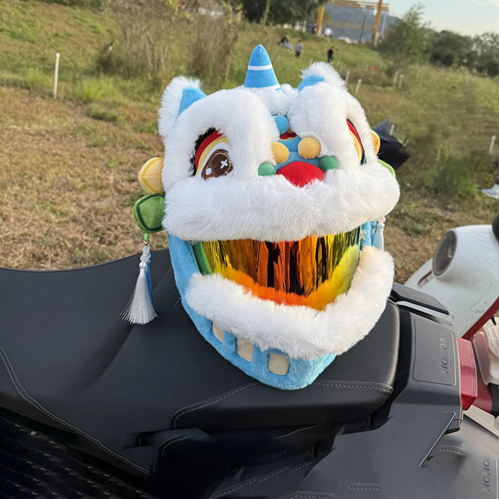 Lion Dance Motorcycle Helmet Cover Plush Head Cover Cute Cartoon Personality Protective Cover Without Helmet