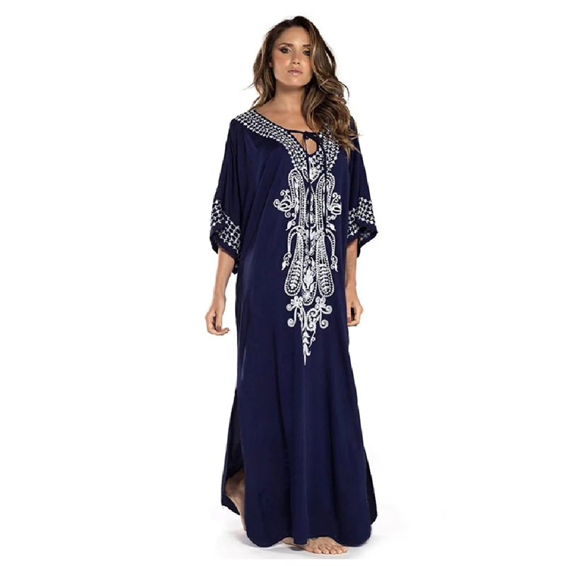 Embroidery Kaftan Beach Tunic Beach Cover up Saida de Praia Swimsuit Women Bikini cover up Pareo Sarong Beachwear #Q775