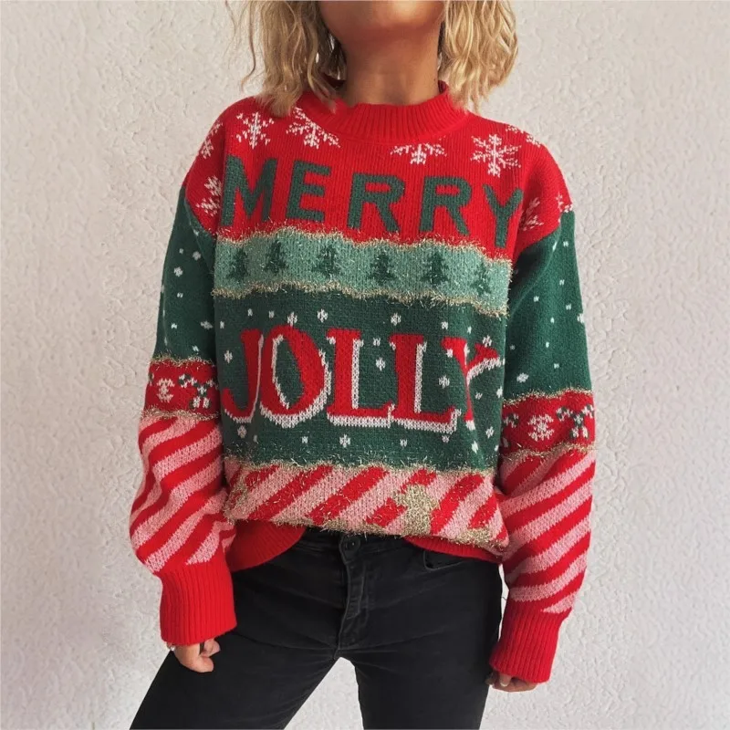 

Winter Clothes Woman Christmas New Jacquard Knitted Round Neck Casual Loose Sweater Hoodie Fashion Print Long Sleeves Pullovers