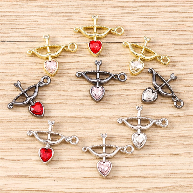 5pcs 18x16mm Cute Crystal Alloy Heart Arrow Charms Pendants for Jewelry Making Necklaces Earrings Bracelets DIY Crafts Supplies