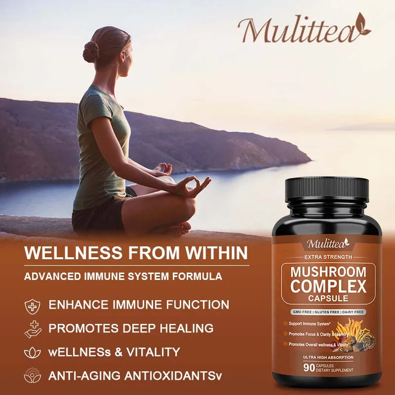 Mulittea 10x Mushroom Complex capsules with Lions Mane, Chaga, Reishi Nootropic Brain Supplement for Memory and Focus