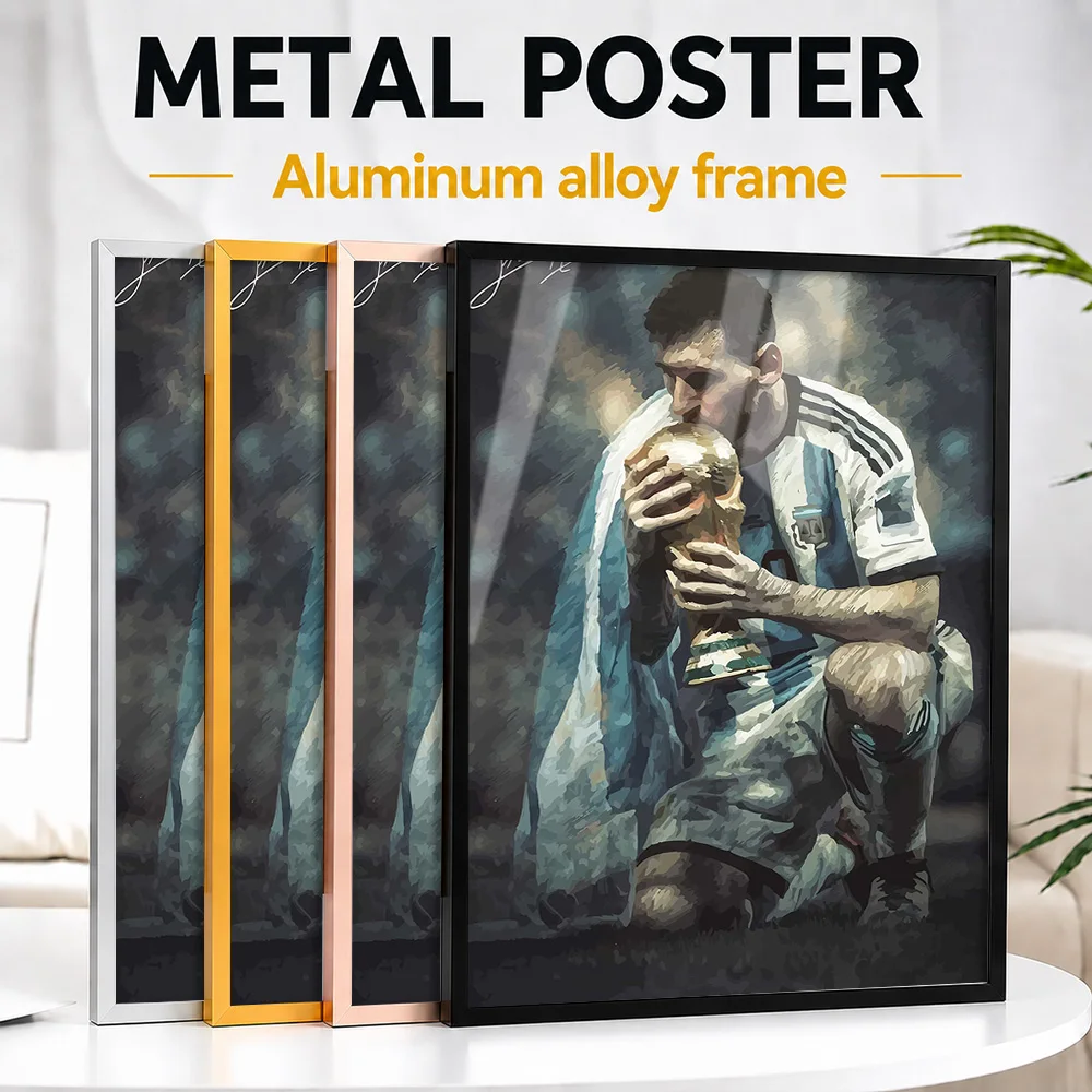 Lionel Messi Kissing The Trophy Framed Aluminum Metal Poster Personalized Photographic Wall Art For Bedroom, Soccer Fan Gift