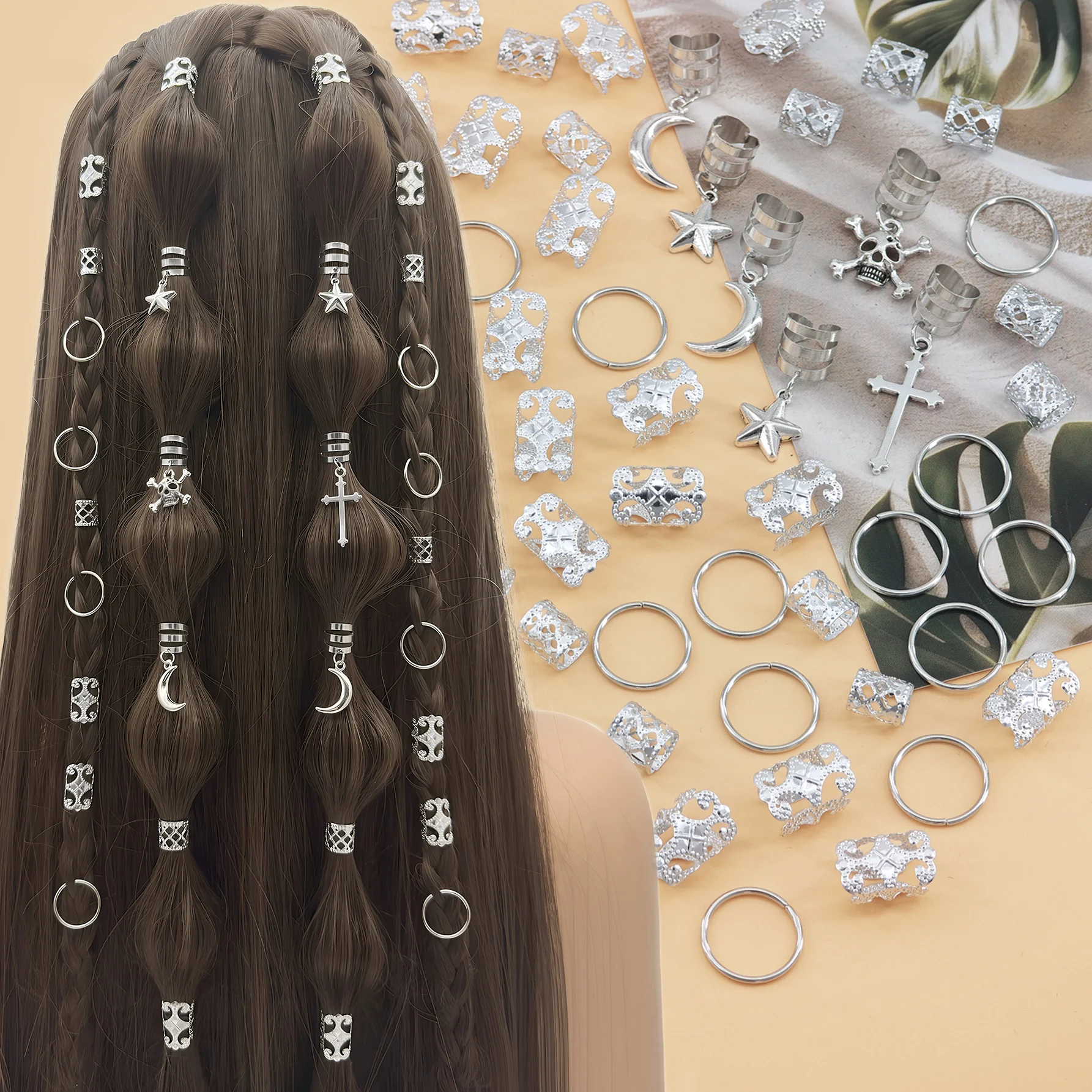 66pcs Silver Cross Skull Stars Moon Combination Fashion metal cutout Dreadlock Hair Rings DreadLocks for women Halloween Party