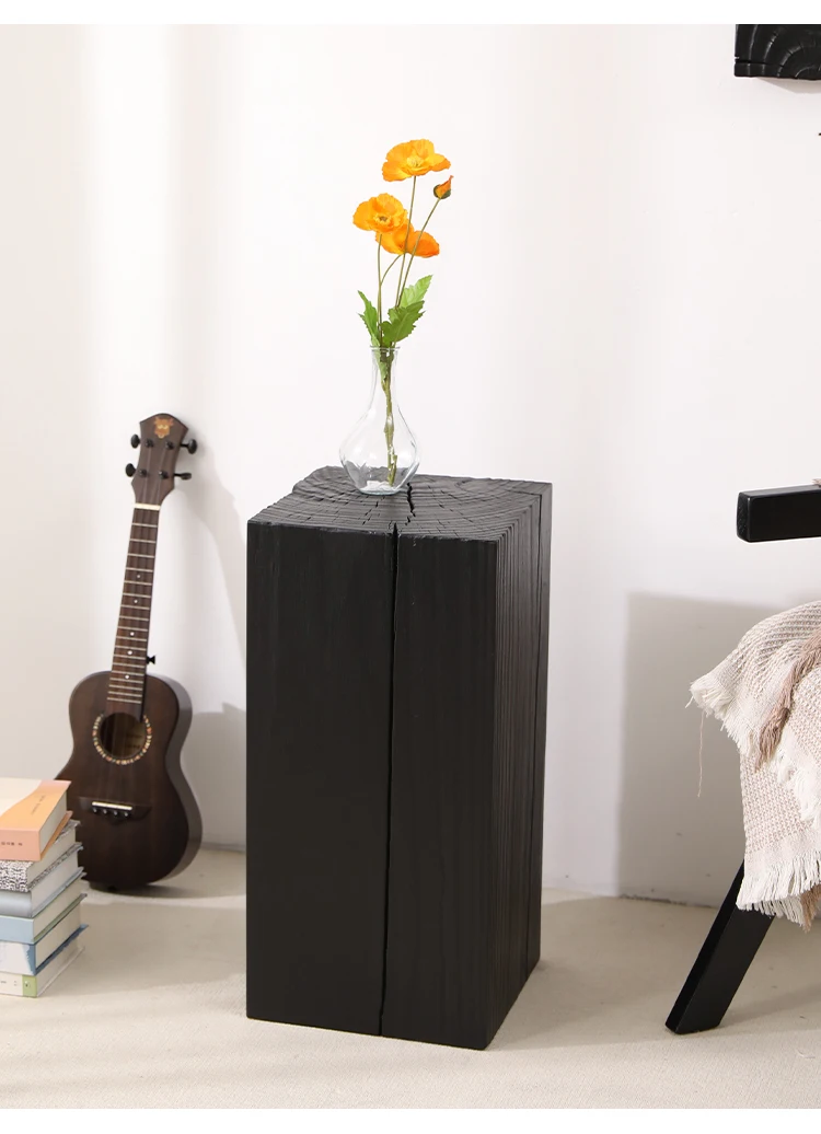 Wabi-Sabi Charred Wood Side Table Handcrafted Tree Stump Stool with Natural Texture Bedside Coffee Table for Home Decor