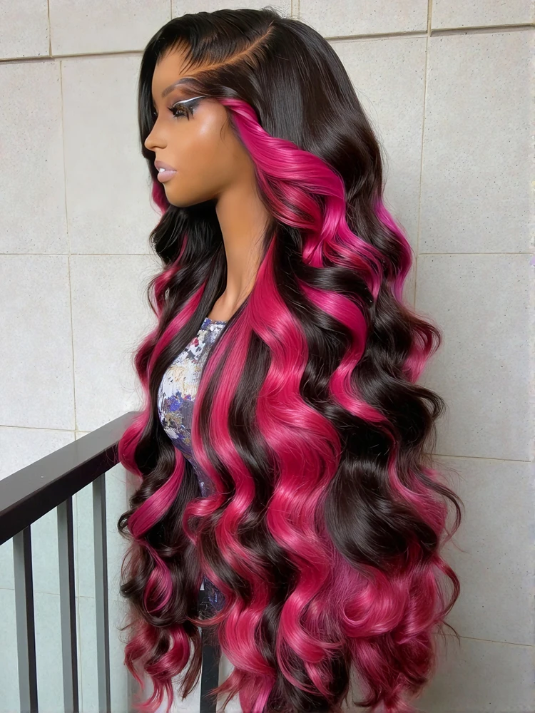 

Brazilian 1B/Pink Ombre 13x4 13x6 HD Lace Front Wigs 250% Density Body Wave Highlight Wig Human Hair Pink And Black Colored Wig