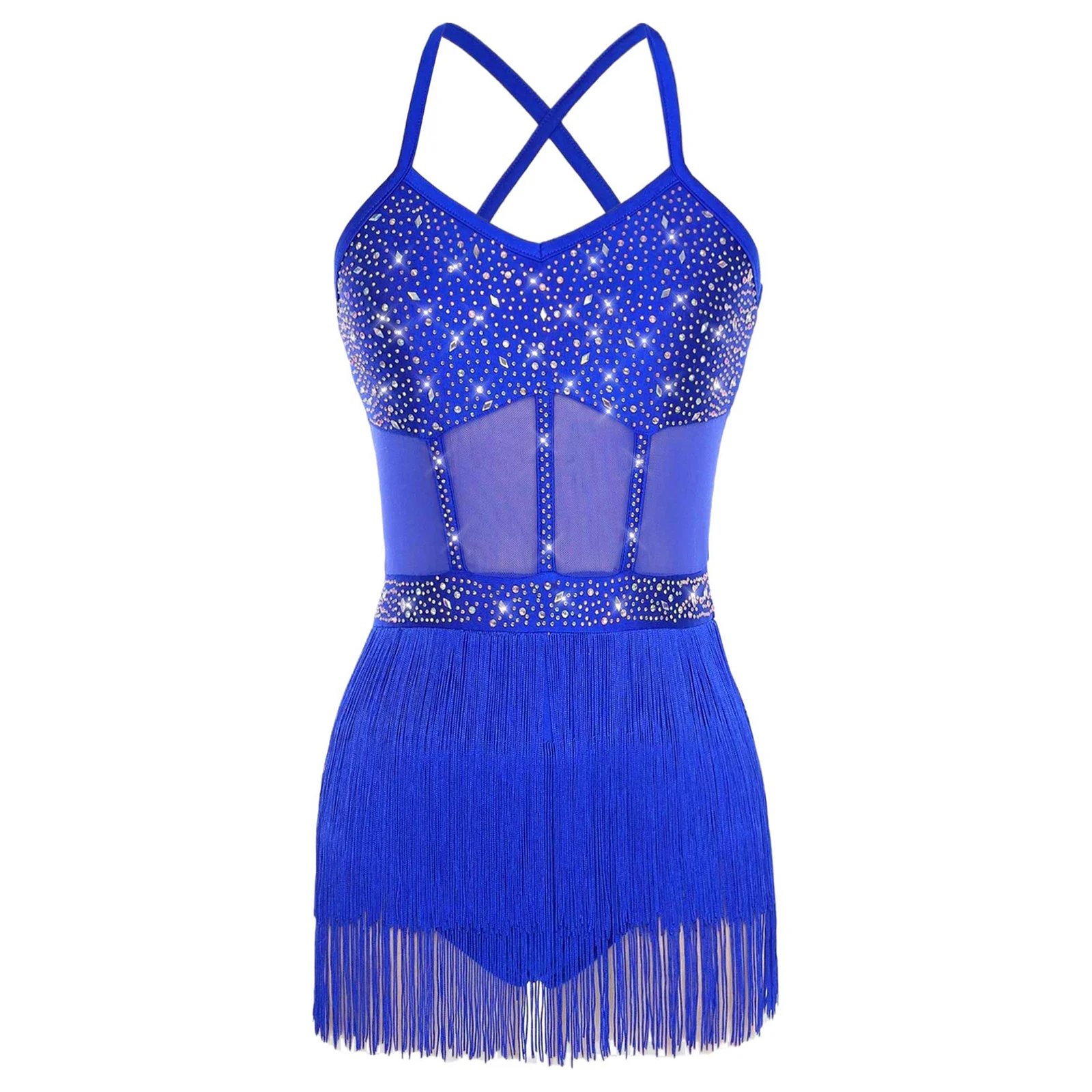 

Womens Chacha Latin Dance Leotard Dress Sheer Mesh Tassel Gymnastics Bodysuit Elegant Latin Dress for Latin Jazz Dance Show