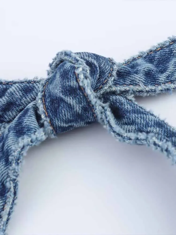 FDEY to     Letni kombinezon damski w stylu europejskim i amerykańskim, z temperamentem, dekolt w serek, dopasowany, wiązany na szyi, z odkrytymi plecami, dżinsowy.