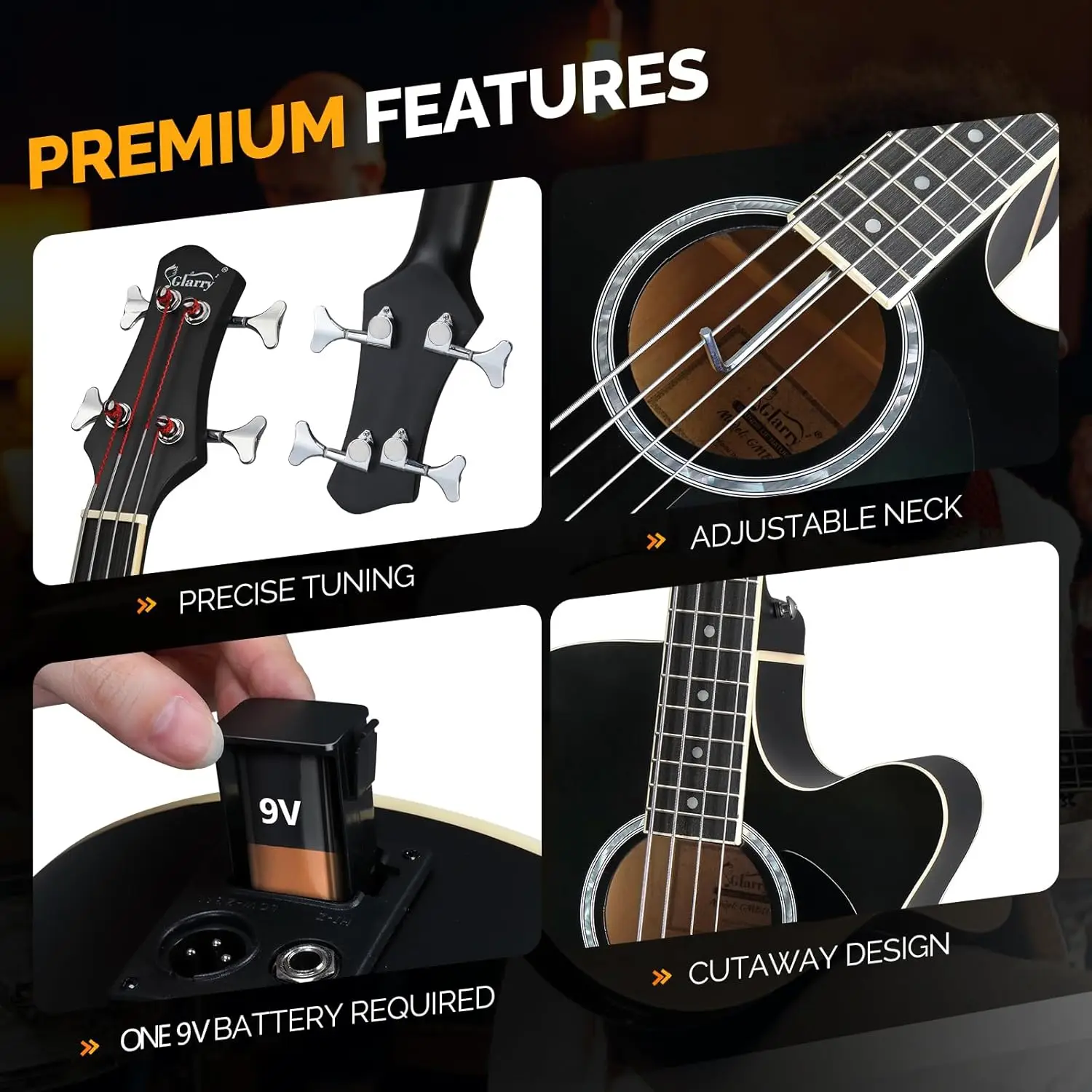 Acoustic Electric Bass Guitar Beginner Kit Full Size with 15W Amp, Cutaway 4-String Bass w/ Built-in Tuner, Includes Gig Bag, Strap, Picks, Extra Strings, Matte Black Finish view 5