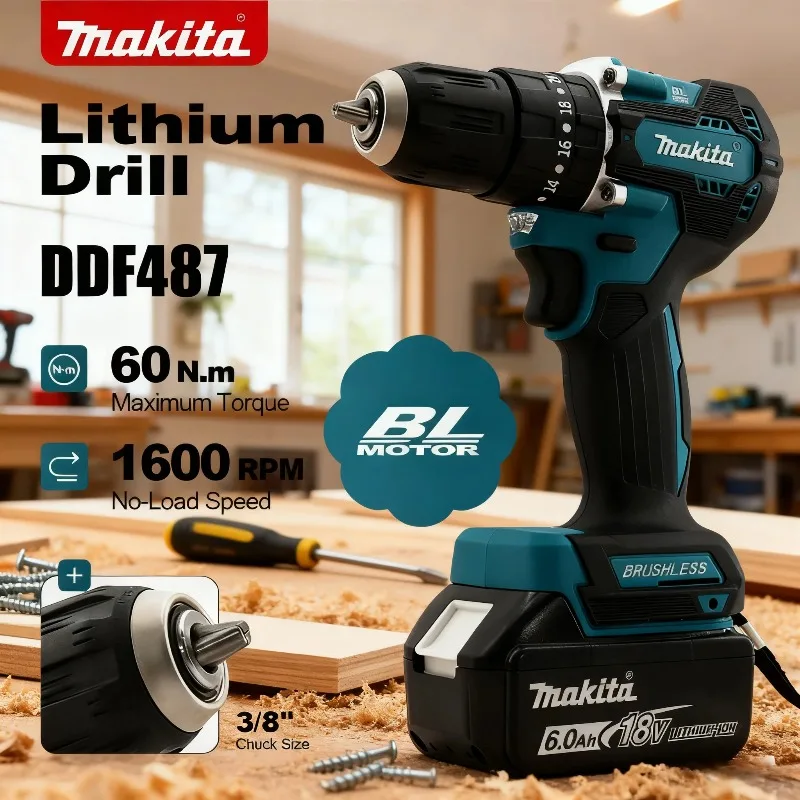 มากีต้า DDF487 สว่านไขควงไร้สาย 18V, ไขควงกระแทกไฟฟ้าแบบไร้แปรงถ่าน, เครื่องมือไฟฟ้าแบบชาร์จได้