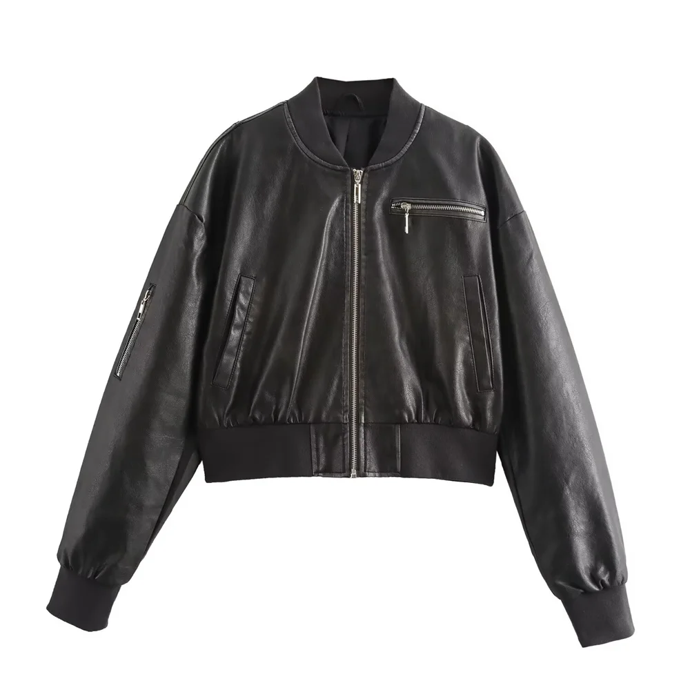 UNIZERA 2024 Autumn New Product Casual Women\'s Fashion Simple Motorcycle Style Versatile Threaded Leather Jacket