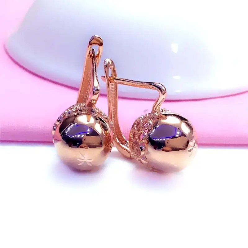 New in 585 Purple Gold earrings for women Buckle Simple Plated 14K Rose Gold Shining Round Bead earings Classic Jewelry