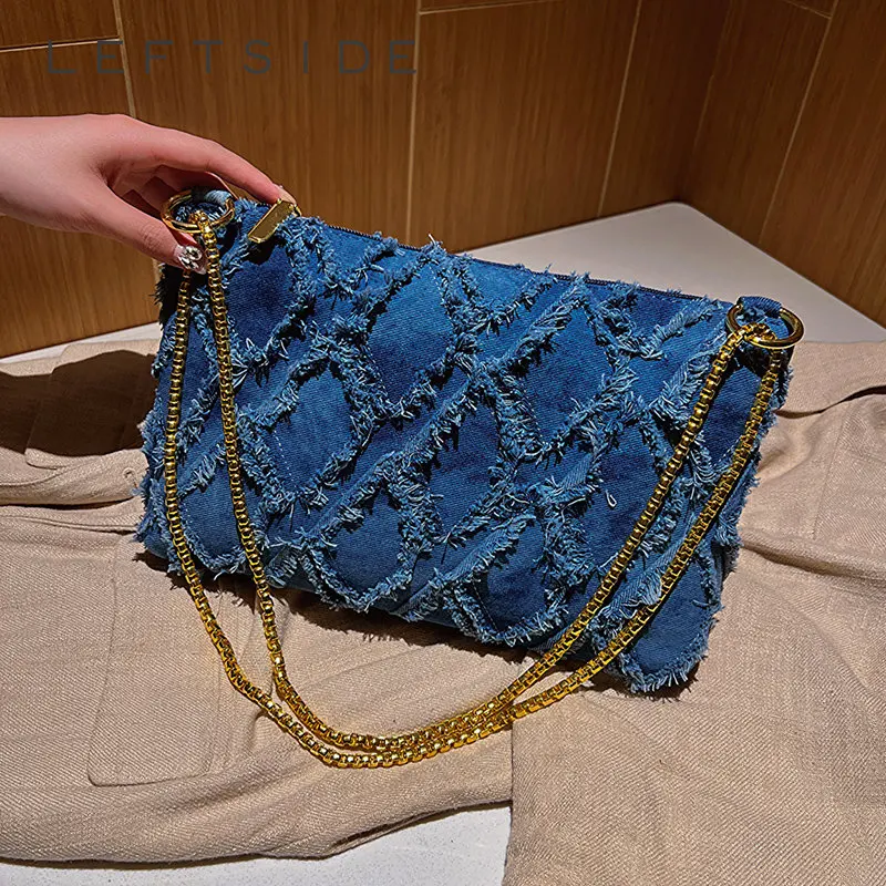 LEFTSIDE large Denim Chain Crossbody Bags for Women 2023 Designer Travel Lady Underarm Shoulder Side Bag Females Handbags