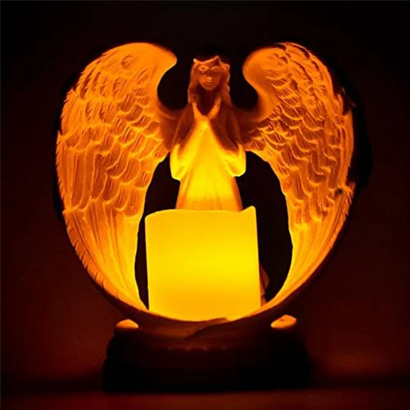 

B-T 1Set Starry White Angel Wing Praying Sandstone Statue Angel Figurine Prayer Home Decoration Memorial LED Candle Holder Resin