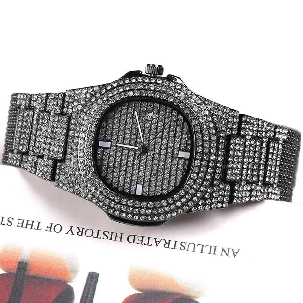 

Elegant Black Zircon Watch for Men Rhinestone Accented Quartz Wristwatch Trendy Minimalist Design Christmas Valentine Gift