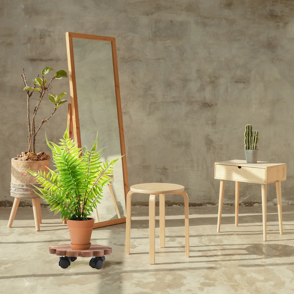 1Pcs Removable Solid Wood Flower Pot Tray Round with Wheels Plant Roller Stand for Indoor Outdoor Gardening Home
